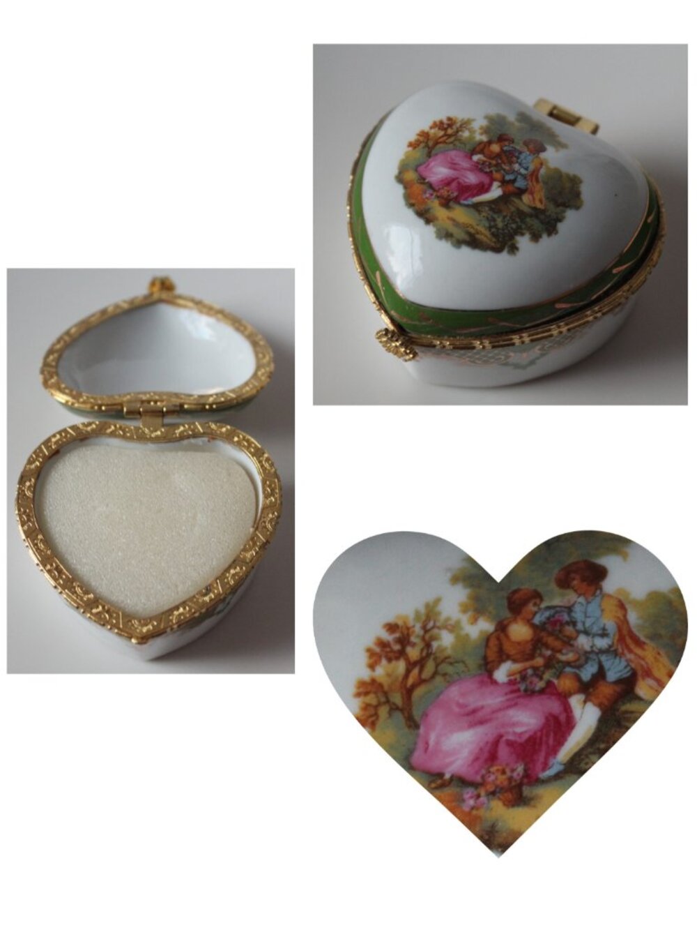 Porcelain Jewelry Box with  Romantic Scene, Heart-Shaped Gold & Green Design